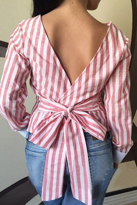 Euramerican Round Neck Long Sleeves V-shaped Backless Striped Pink Linen Shirts