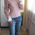 Euramerican Round Neck Long Sleeves V-shaped Backless Striped Pink Linen Shirts