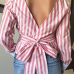 Euramerican Round Neck Long Sleeves V-shaped Backless Striped Pink Linen Shirts