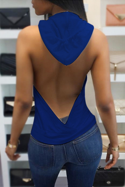 Leisure Backless Royalblue Polyester Shirts