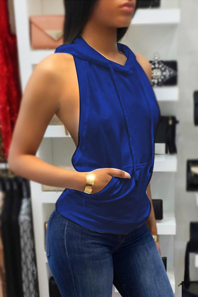 Leisure Backless Royalblue Polyester Shirts