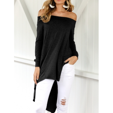 Leisure Dew Shoulder Asymmetrical Black Cotton Blends Shirts