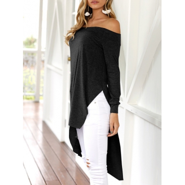 Leisure Dew Shoulder Asymmetrical Black Cotton Blends Shirts