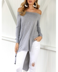 Leisure Dew Shoulder Asymmetrical Grey Cotton Blends Shirts