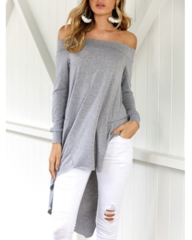 Leisure Dew Shoulder Asymmetrical Grey Cotton Blends Shirts