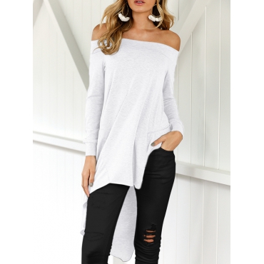 Leisure Dew Shoulder Asymmetrical White Cotton Blends Shirts