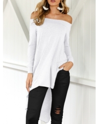 Leisure Dew Shoulder Asymmetrical White Cotton Blends Shirts