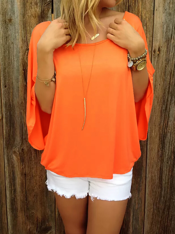 Leisure Round Neck Backless Orange Polyester T-shirt