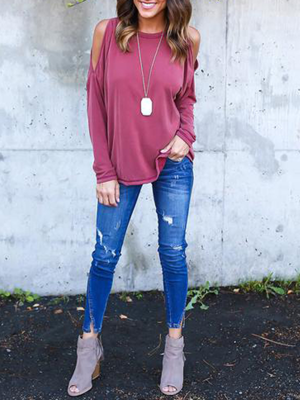 Leisure Round Neck Long Sleeve Hollow-out Rose Red Cotton Blouses