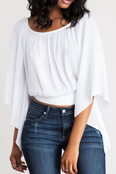 Leisure Round Neck Three Quarter Sleeves Backless White Polyester T-shirt