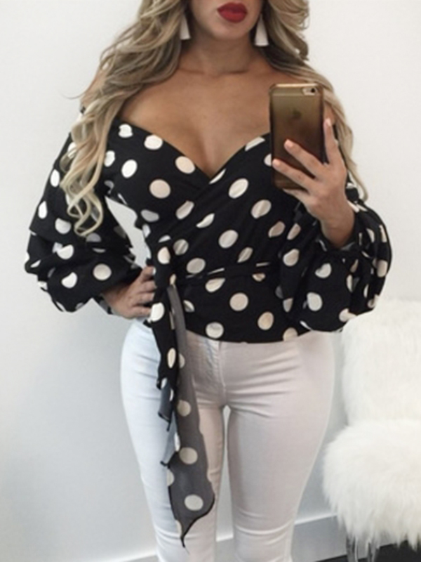 Polyester V Neck Long Sleeve Dot Blouses&Shirts