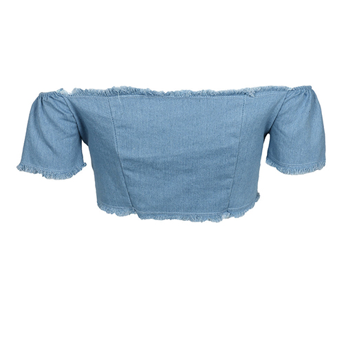 Sexy Dew Shoulder Lace-up Hollow-out Light Blule Denim Shirts