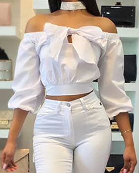 Stylish Bateau Neck Long Sleeves Bow-Tie Decorative White Cotton Shirts(Without Choker)