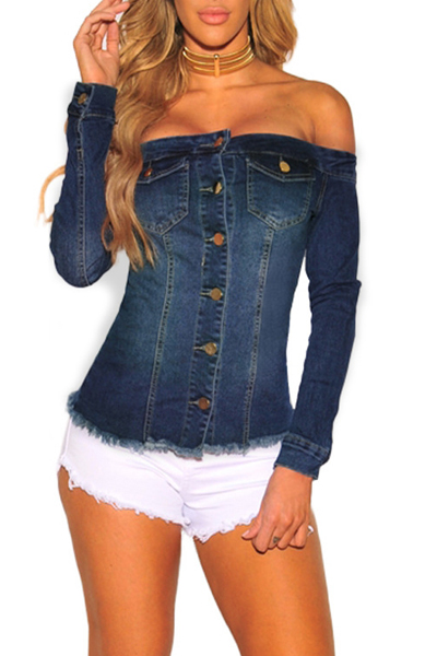 Stylish Dew Shoulder Long Sleeves Single-breasted Blue Denim Shirts