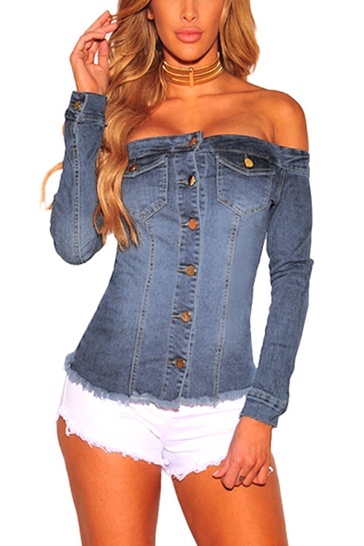 Stylish Dew Shoulder Long Sleeves Single-breasted Light Blue Denim Shirts