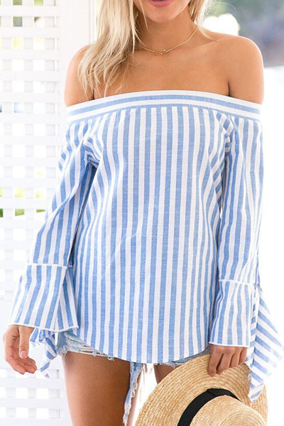 Trendy Bateau Neck Long Sleeves Striped Blue Cotton Blends Shirts