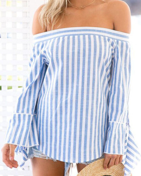 Trendy Bateau Neck Long Sleeves Striped Blue Cotton Blends Shirts