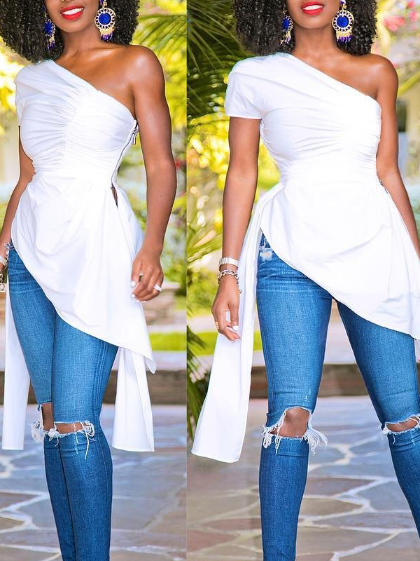 Trendy Dew Shoulder Asymmetrical White Polyester Tops