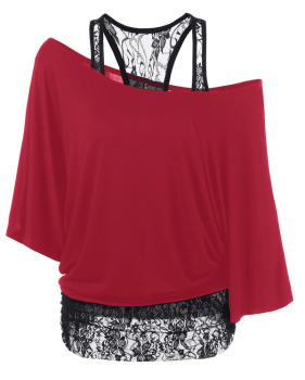 Trendy Dew Shoulder Lace Combination Red Cotton Tops