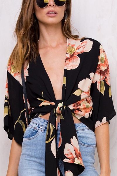 Trendy V Neck Half Sleeves Printed Black Blending Tops