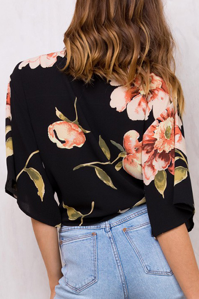 Trendy V Neck Half Sleeves Printed Black Blending Tops