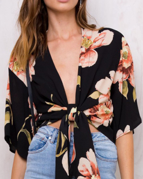 Trendy V Neck Half Sleeves Printed Black Blending Tops