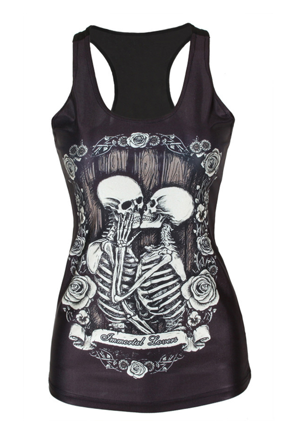  Leisure Round Neck Skull Printing Black Polyester Tank Top