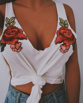 Leisure V Neck Tank Sleeveless Flowers Decoration White Polyester T-shirt