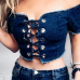 Sexy Dew Shoulder Lace-up Hollow-out Dark Blule Denim Shirts