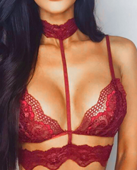 Sexy Halter Neck Hollow-out Red Polyester Bra Set