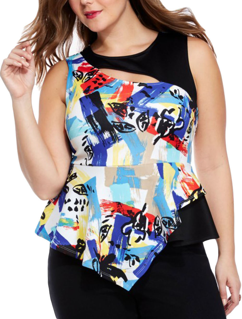 Stylish O Neck Sleeveless Printed Polyester Tops