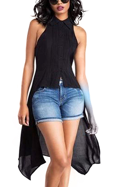 Stylish Turndown Collar Asymmetrical Black Chiffon Shirts