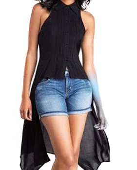 Stylish Turndown Collar Asymmetrical Black Chiffon Shirts