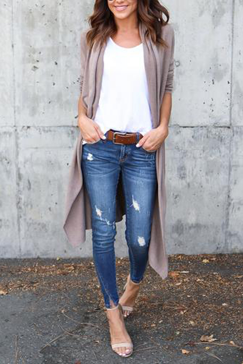  Cotton Turndown Collar Long Sleeve Long Cardigan Sweaters & Cardigans