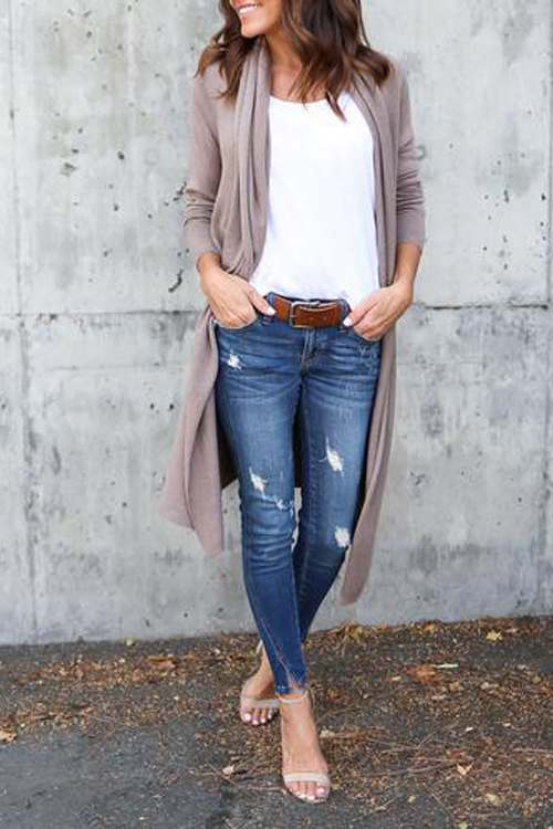  Cotton Turndown Collar Long Sleeve Long Cardigan Sweaters & Cardigans