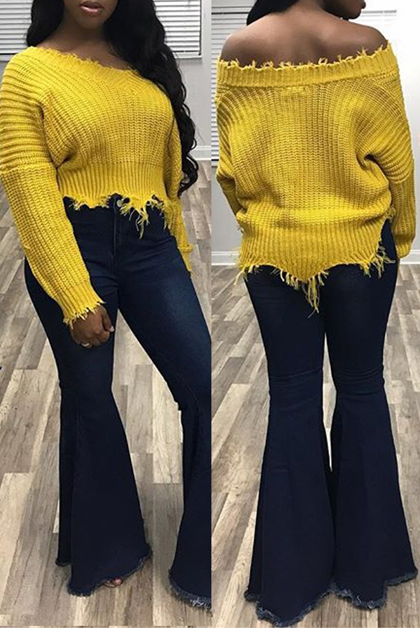  Euramerican V Neck Irregular Hems Yellow Wool Sweaters