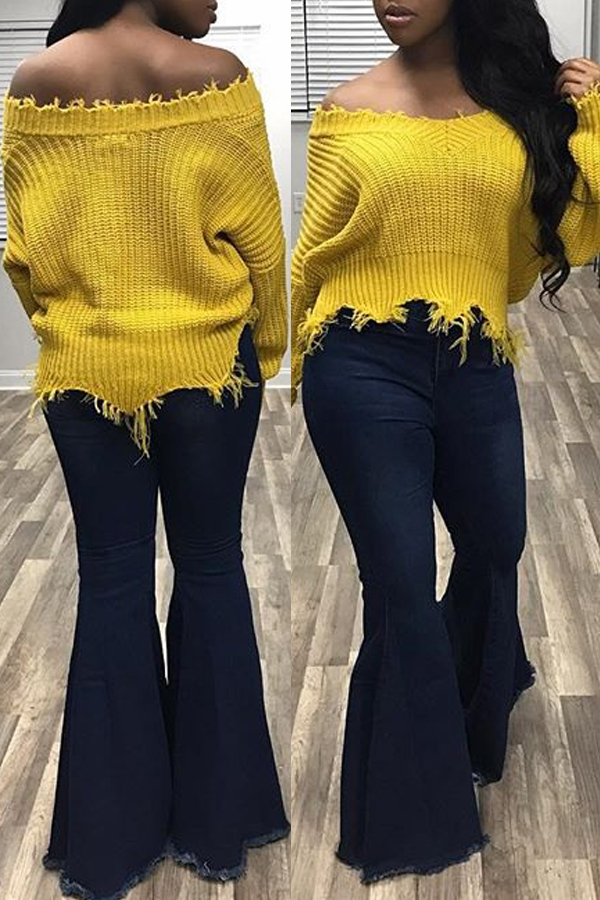  Euramerican V Neck Irregular Hems Yellow Wool Sweaters