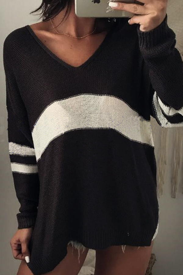  Euramerican V Neck Long Sleeves Patchwork Black Wool Sweaters