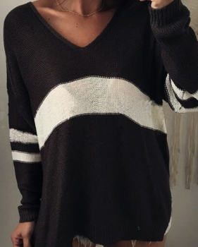  Euramerican V Neck Long Sleeves Patchwork Black Wool Sweaters