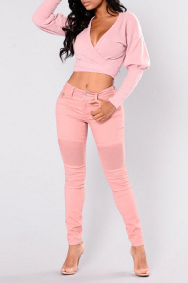  Euramerican  V Neck Long Sleeves Pink Cotton Pullovers