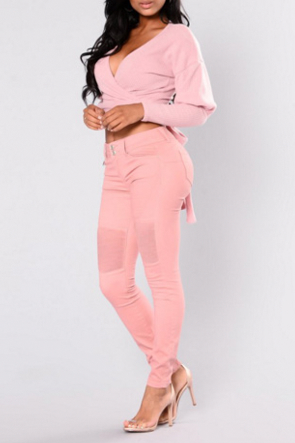  Euramerican  V Neck Long Sleeves Pink Cotton Pullovers