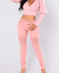  Euramerican  V Neck Long Sleeves Pink Cotton Pullovers