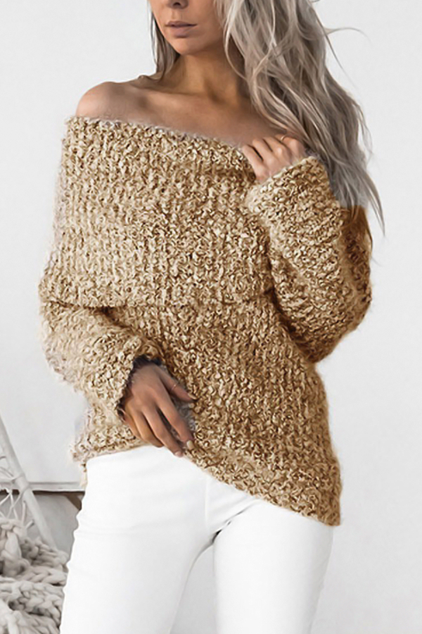  Knitting Bateau Neck Long Sleeve Regular Pullovers Sweaters & Cardigans