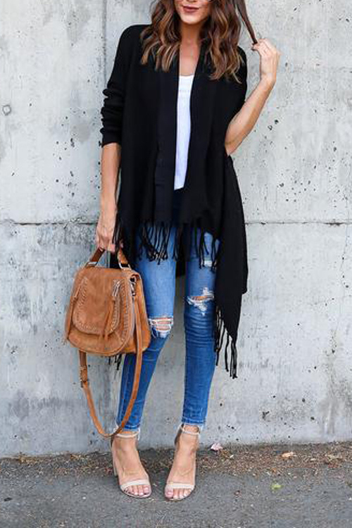  Leisure Tassel Design Black Cotton Cardigans