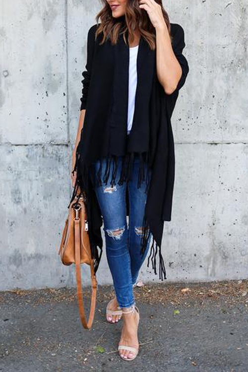  Leisure Tassel Design Black Cotton Cardigans