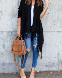  Leisure Tassel Design Black Cotton Cardigans