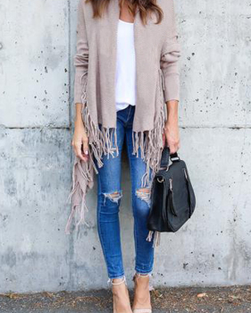  Leisure Tassel Design Khaki Cotton Cardigans