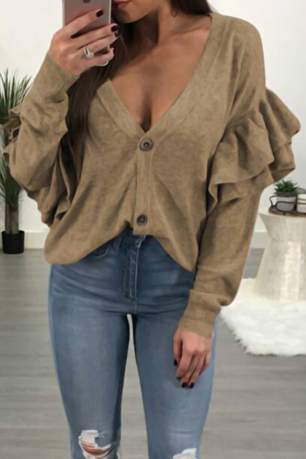  Sexy Deep V Neck Layered Ruffles Khaki Knitting Sweaters