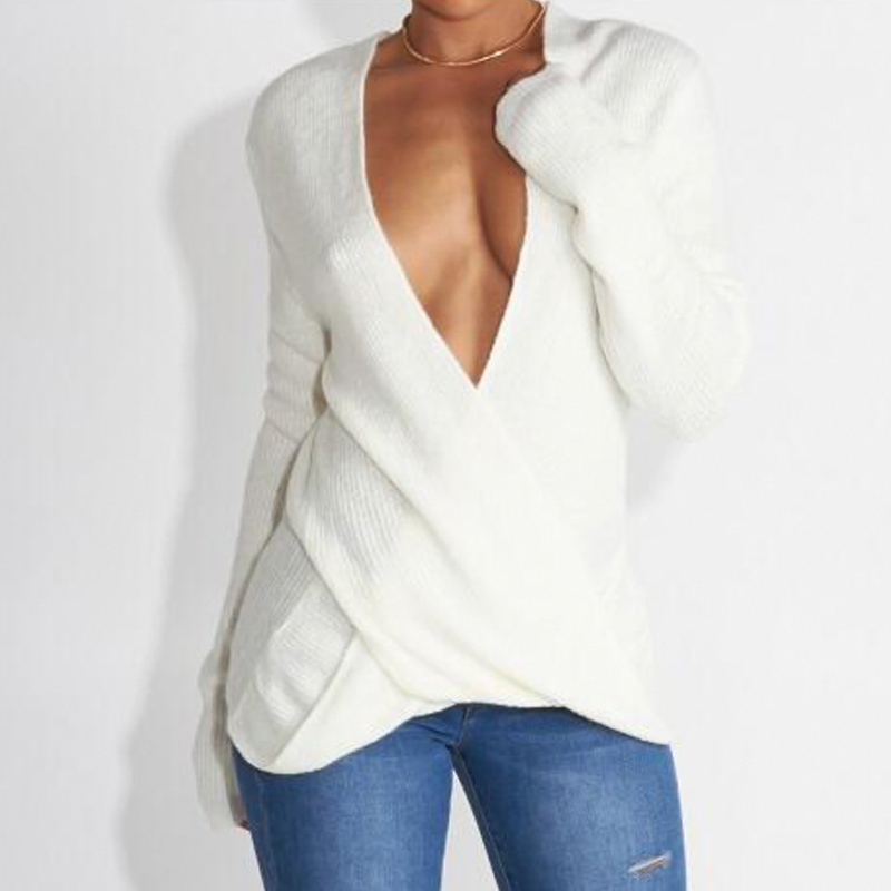  Sexy Deep V Neck White Cotton Sweaters