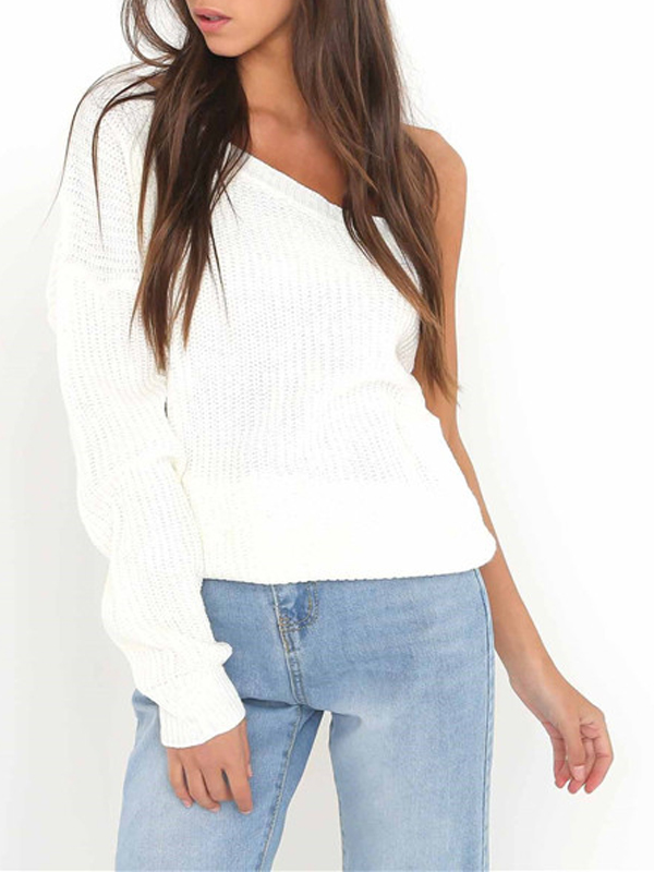 Euramerican Dew Shoulder Long Sleeve Asymmetrical White Cotton Blends Sweater